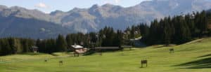 Golf Club de Courchevel | ©Golf Club de Courchevel, practice de golf avec montagnes en fond