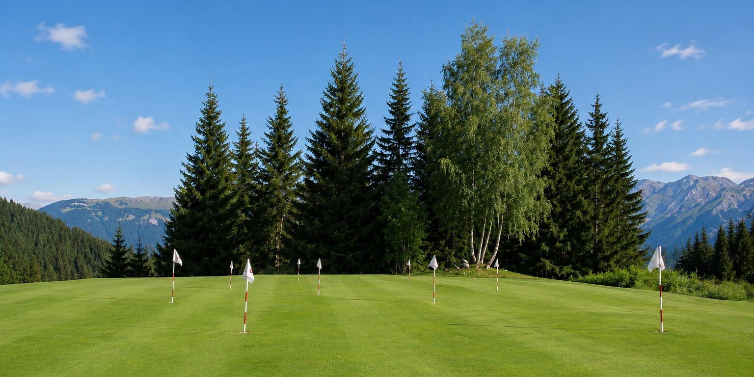 Large putting green at the Courchevel Golf Club with multiple practice flags and panoramic views of the Alpine mountains.