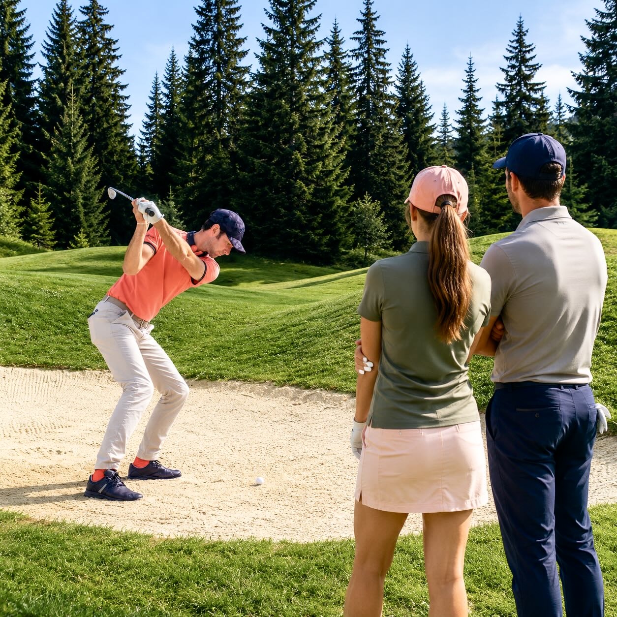 Enseignant PGA réalisant une démonstration de sortie de bunker devant un couple de golfeurs lors d’un cours duo au Golf Club de Courchevel.
