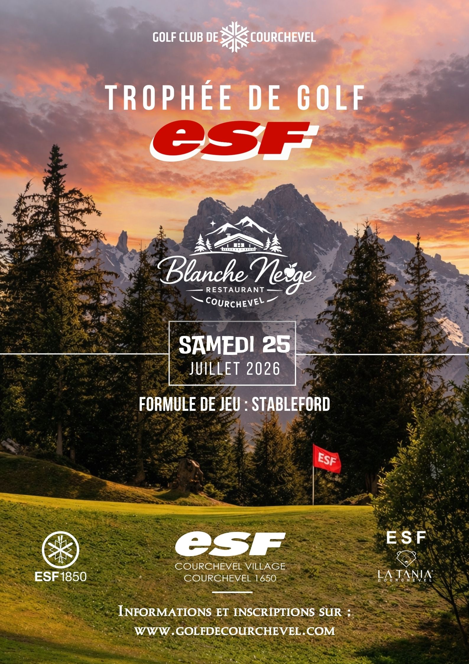 Affiche officielle du Trophée de Golf ESF 2026 au Golf Club de Courchevel, compétition en Stableford organisée le samedi 25 juillet avec les ESF de Courchevel.
