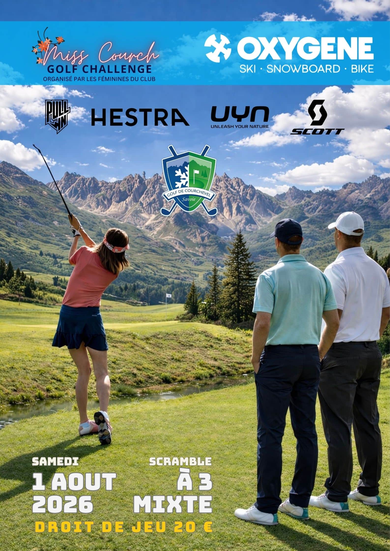 Affiche du Miss Courch Golf Challenge 2026 organisé au Golf Club de Courchevel, compétition de golf en scramble à 3 mixte avec le partenaire Oxygène.