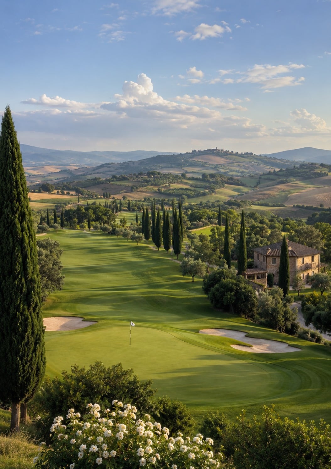 Parcours de golf en Toscane entouré de cyprès, de collines verdoyantes et d'une villa traditionnelle italienne sous un ciel ensoleillé.