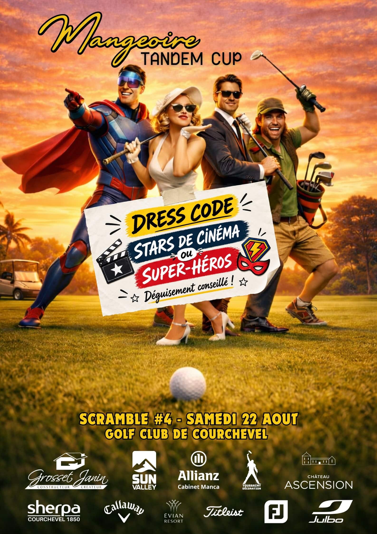 Affiche officielle de la Mangeoire Tandem Cup 2026 au Golf Club de Courchevel, compétition de golf en Scramble #4 organisée le samedi 22 août.